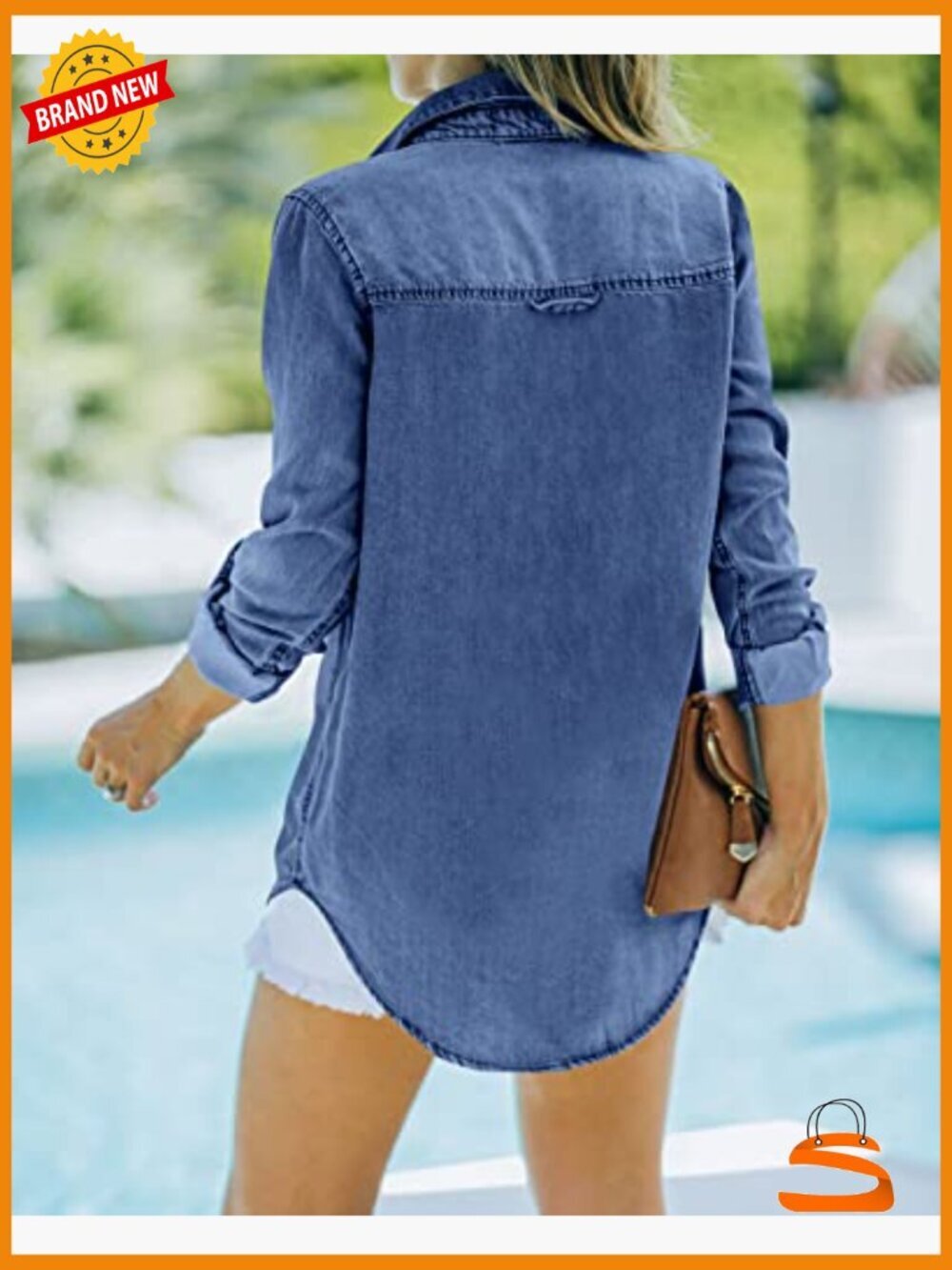 Womens Button Down Denim Shirt Chambray Casual Long Sleeve Boyfriend Jacket - Picture 2 of 6